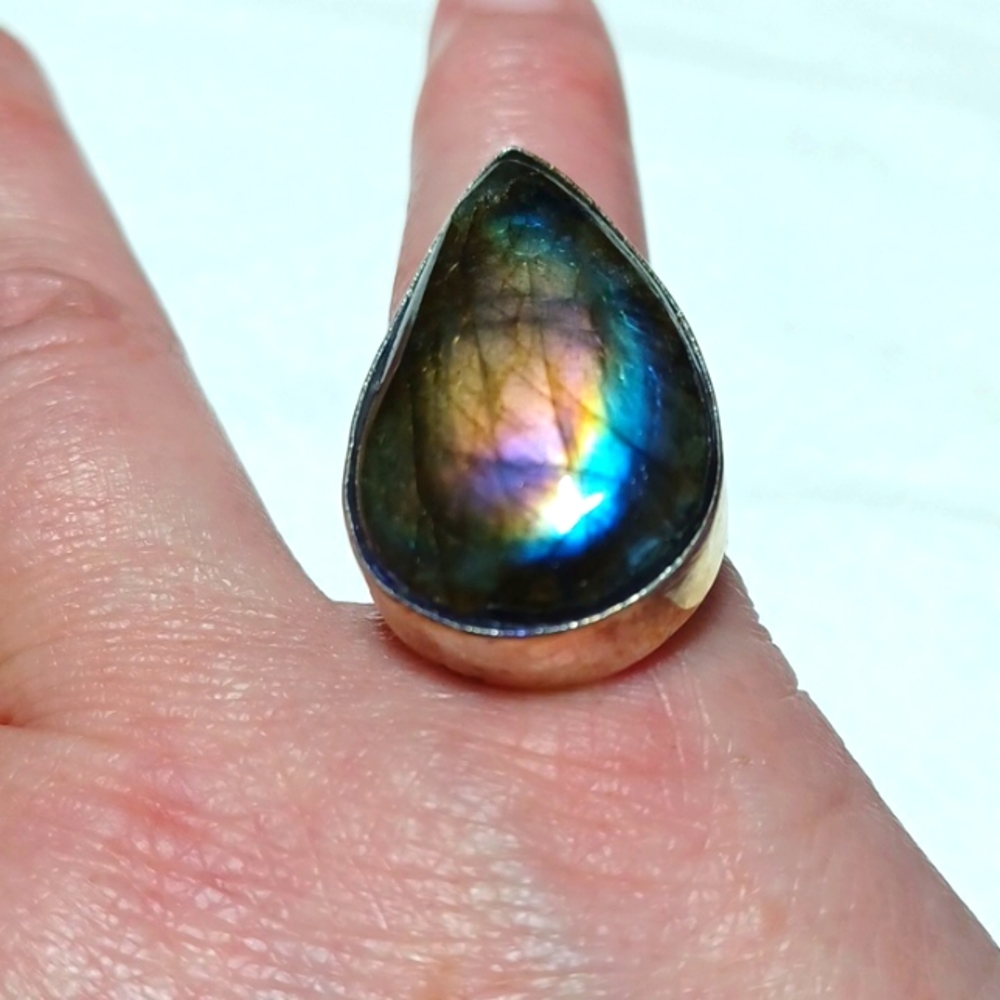 Hand Crafted Teardrop Labradorite Ring with Blue and Purple Flash